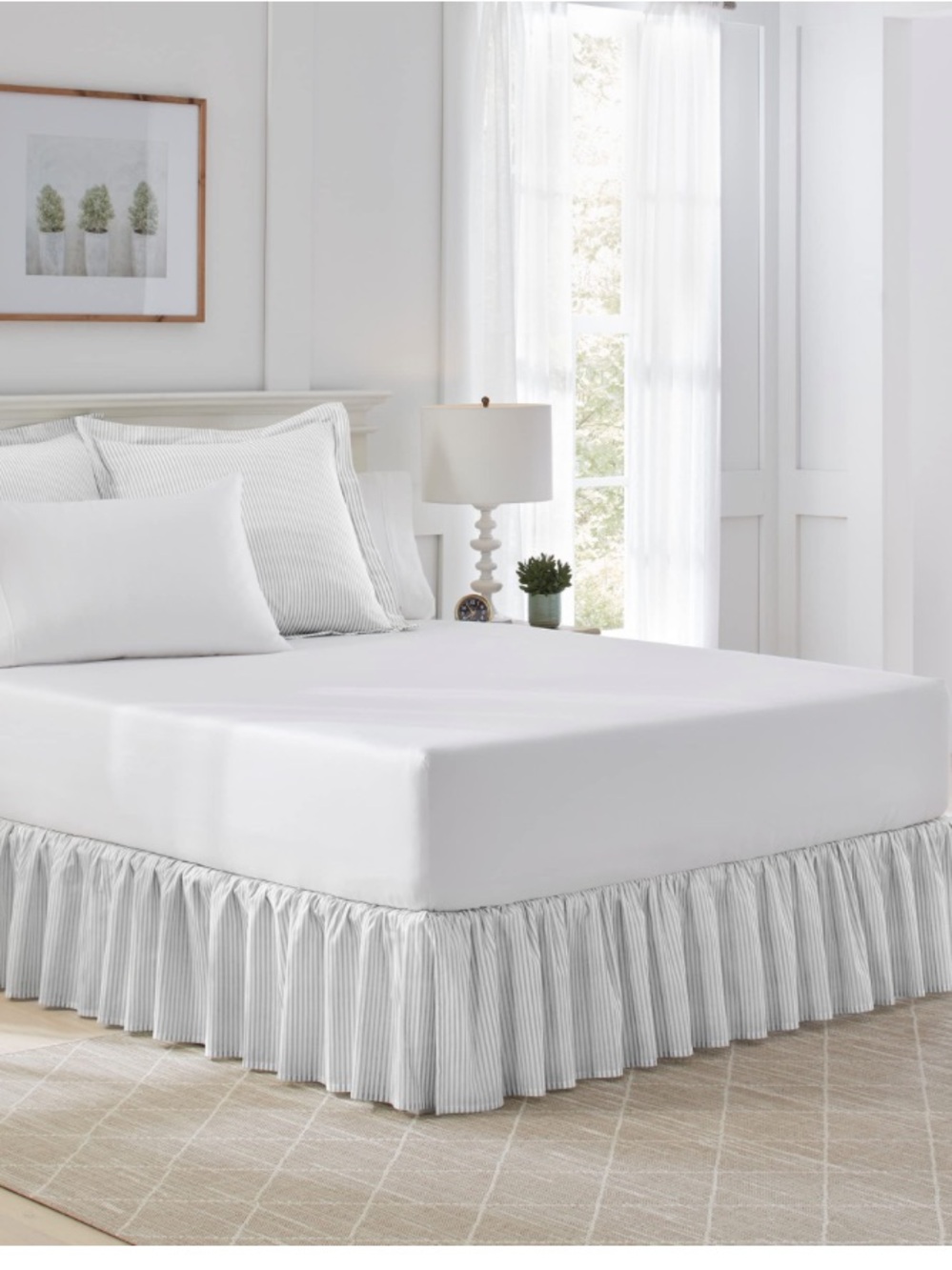 Laura Ashley TWIN Bed Skirt 100% Cotton 14.5” Drop - Ticking Stripe Gray